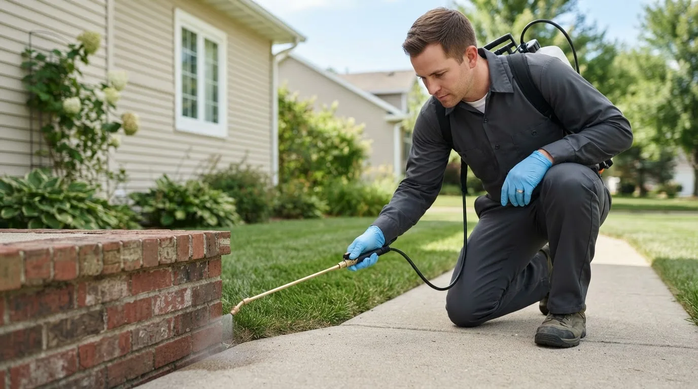 Pest control technician treating a home near Timewell, IL