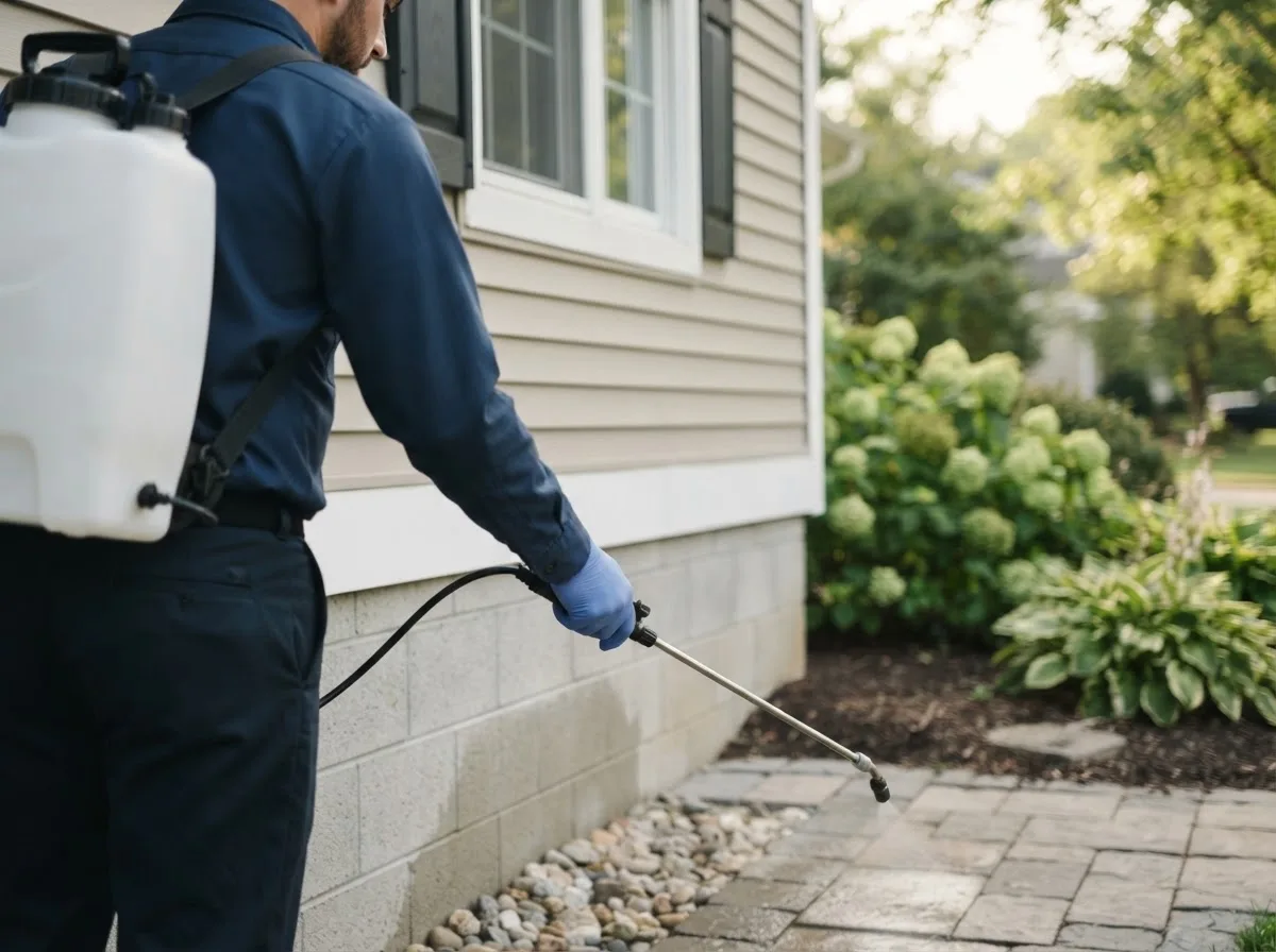 Pest control technician inspecting a home in Timewell, IL